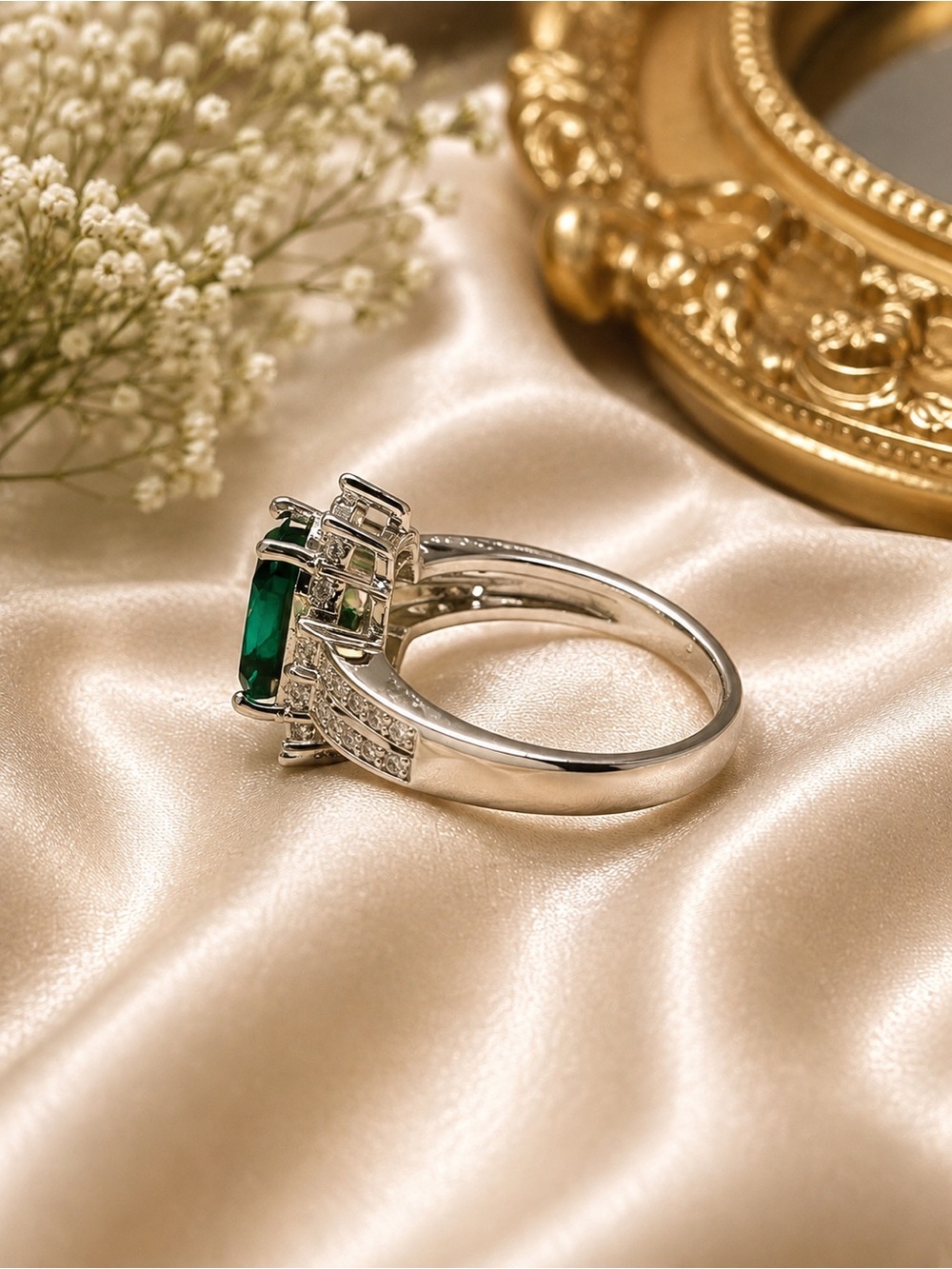 New Emerald Green Oval Halo Statement Ring Silver Tone Size 7 - Picture 4 of 6